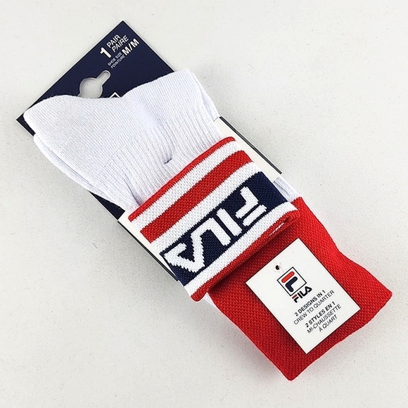 ⭐3/ $30⭐ FILA Heritage Unisex 2 Designs In 1 Crew To Quarter Cotton Socks White - Picture 2 of 8